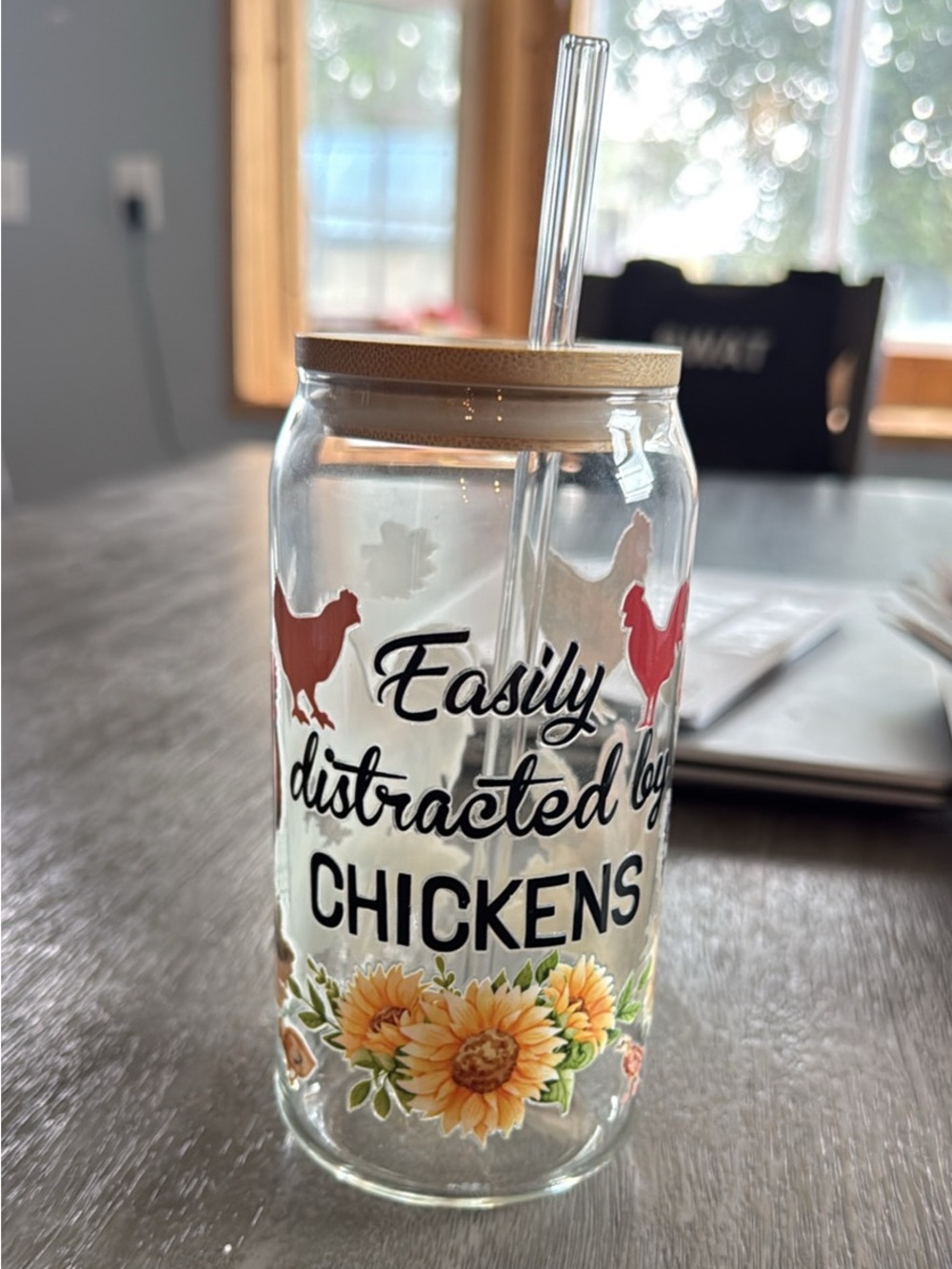 Custom made glass cup “ easily distracted by chickens”